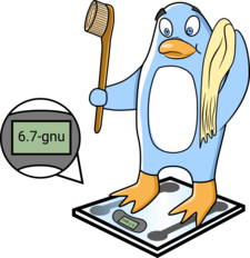 (en=>fr) Freedo stands on a digital scale, and the visor says 6.7-gnu.  Image by Jason Self from https://jxself.org/git/?p=freedo.git.
